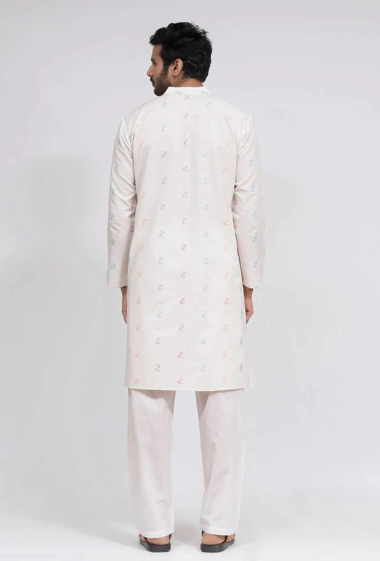 Set of 3: White Stripe Nehru Jacket With White Dobby Button Down Kurta and Pajama