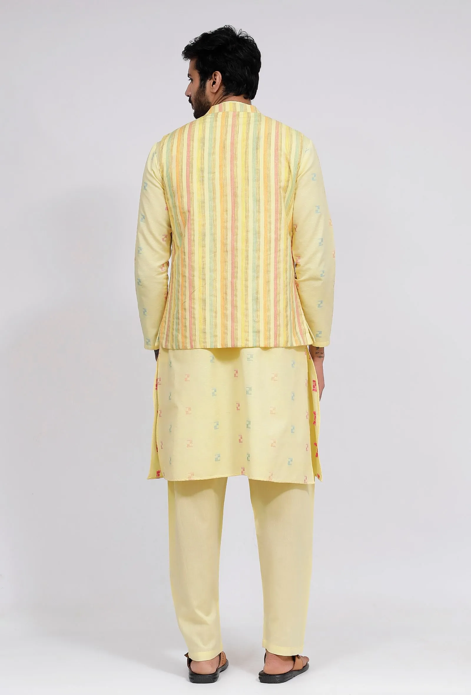 Set of 3: Yellow Stripe Nehru Jacket With Yellow Dobby Button Down Kurta and Pajama