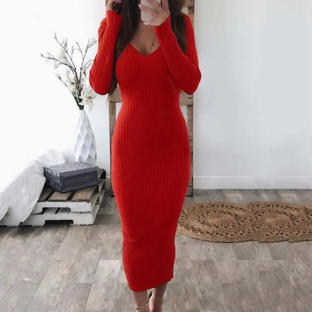 Sexy Backless Bodycon Long Sleeve Dress Slim Midi Dress Women V Neck Ribbed Knitted Midi Dress