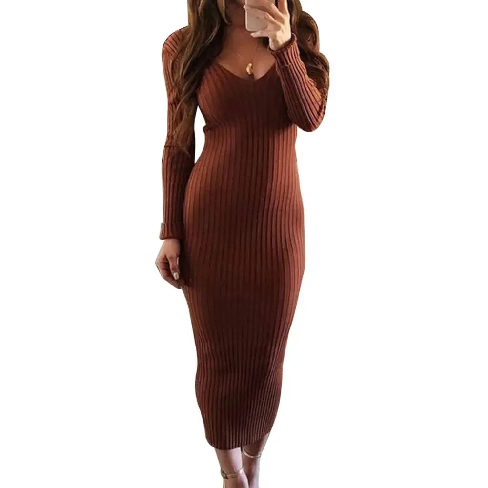 Sexy Backless Bodycon Long Sleeve Dress Slim Midi Dress Women V Neck Ribbed Knitted Midi Dress