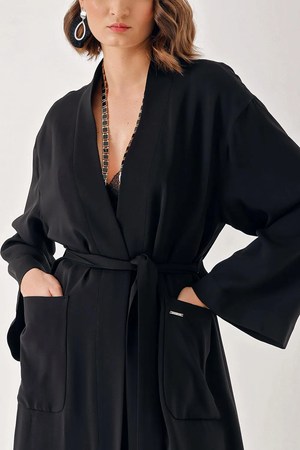 Siyah Velvet loose fit belted kimono jacket 20405