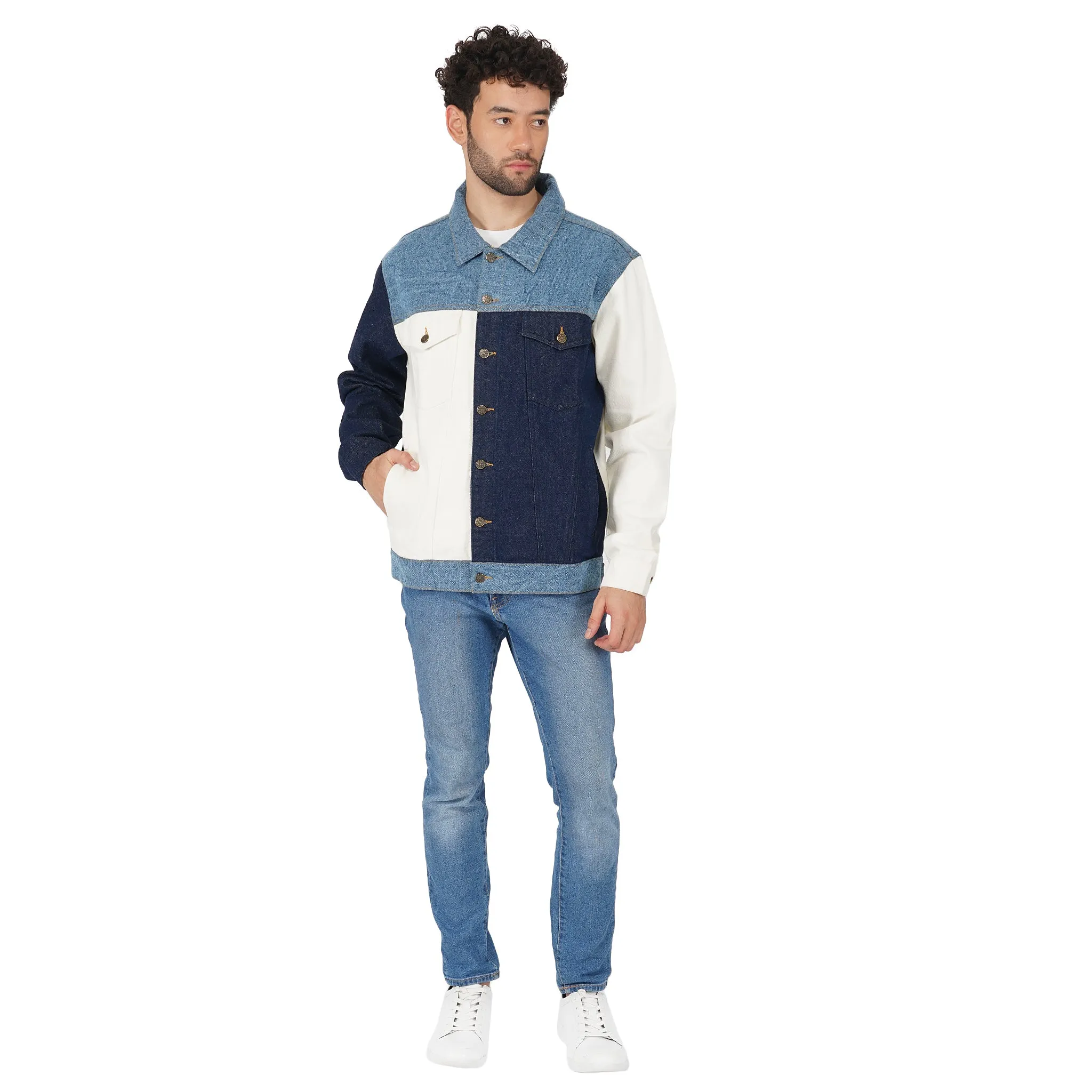 SLAY. Men's Full Sleeves Colorblock Denim Jacket