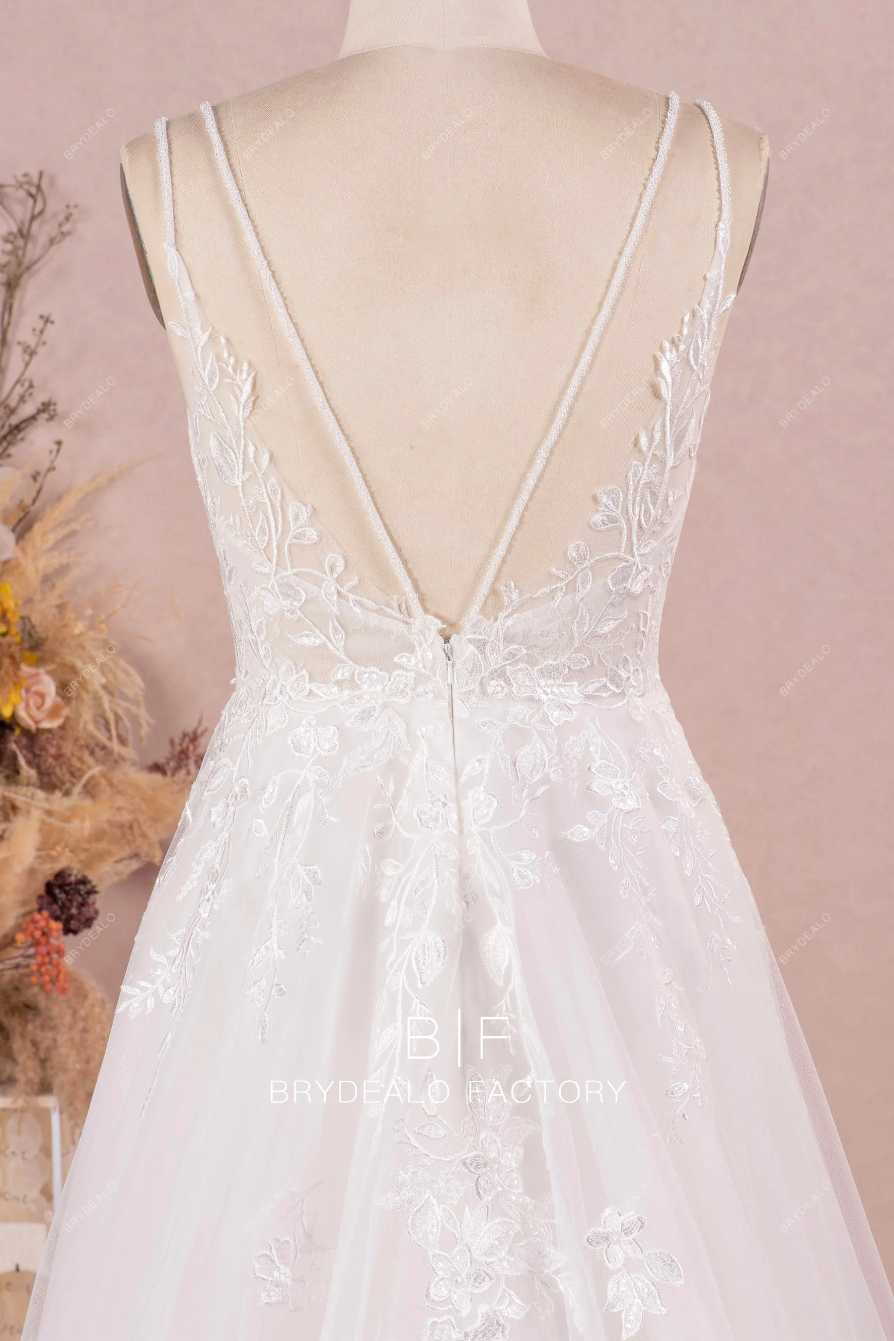 Sleeveless Lace Tulle Beaded Straps Romantic Long Wedding Dress