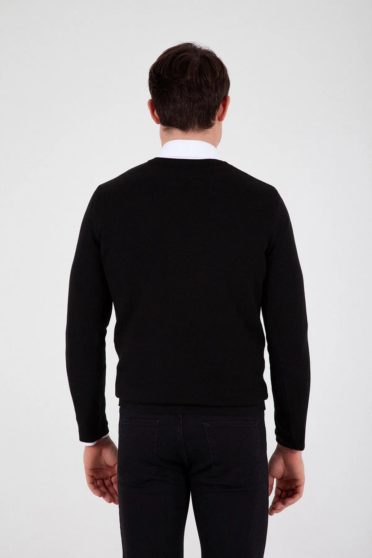 Slim Fit Black - Red Cotton Blend Crewneck Sweater