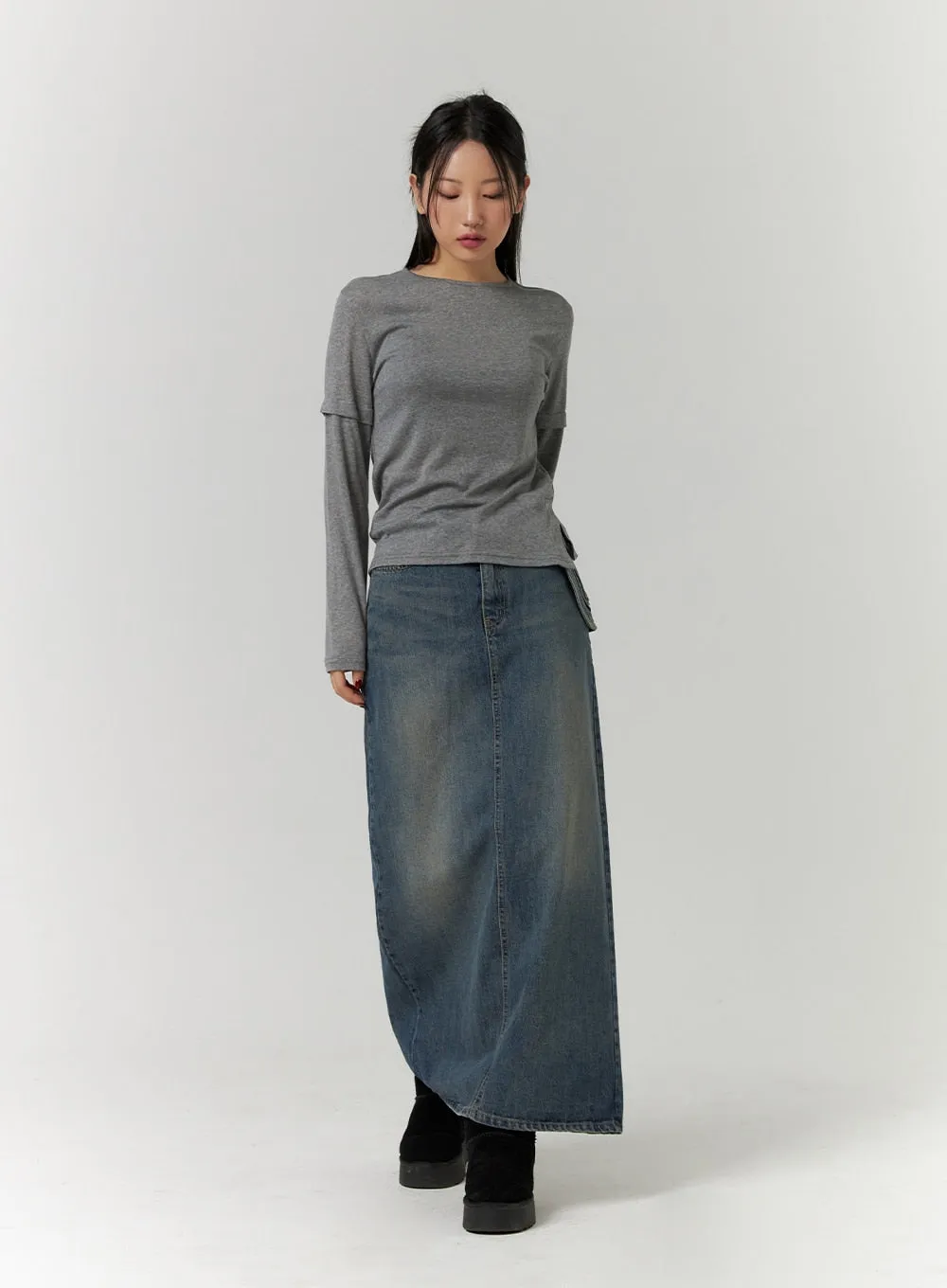 Solid Denim Maxi Skirt CD315