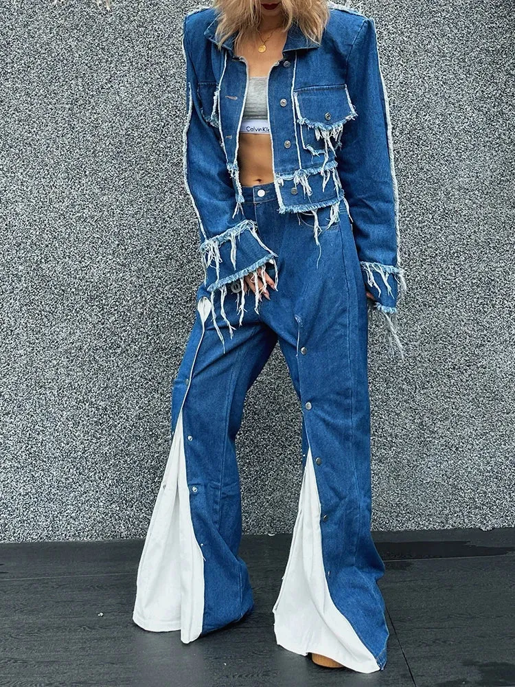 Streetwear Denim Two Piece Sets For Women Lapel Long Sleeve Spliced Tassel Coat High Waist Hit Color Jeans Casual Set Female