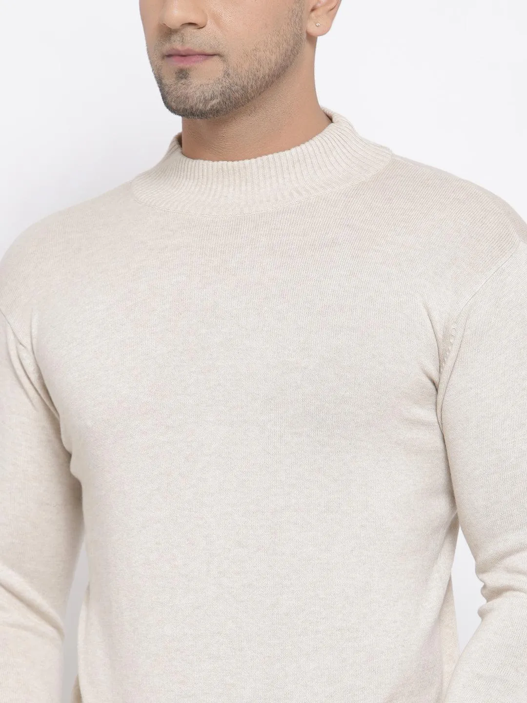 Style Quotient Men Solid Off White Knitted Regular Sweatshirt