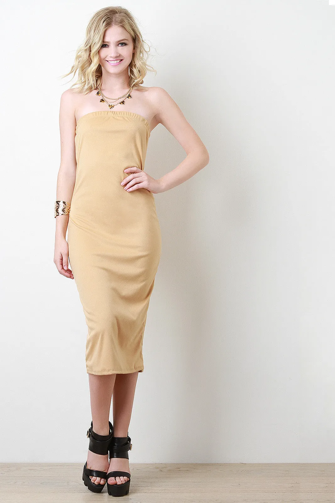 Suede Bodycon Tube Midi Dress