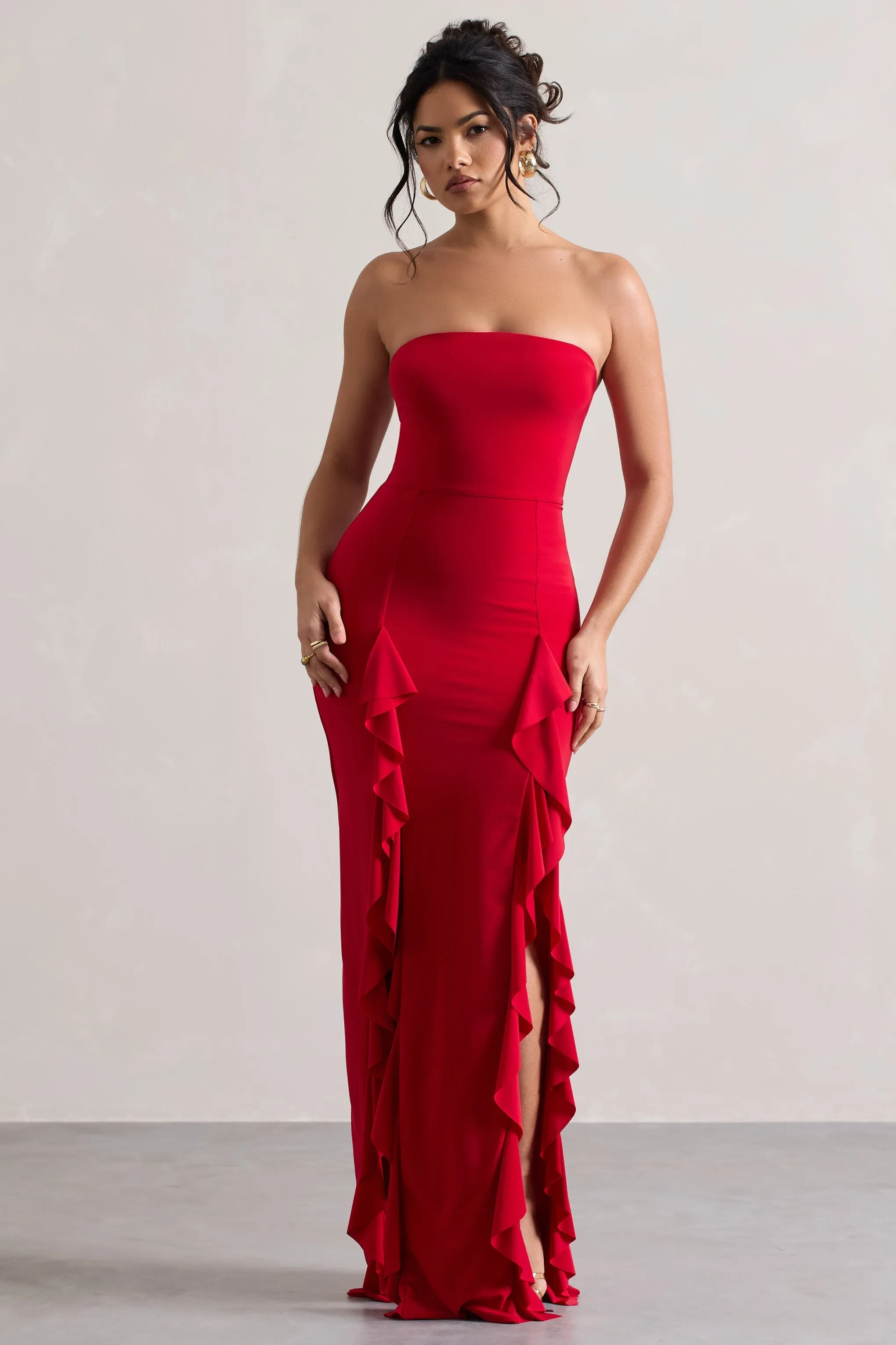 Susan | Red Bandeau Maxi Dress With Ruffled Splits