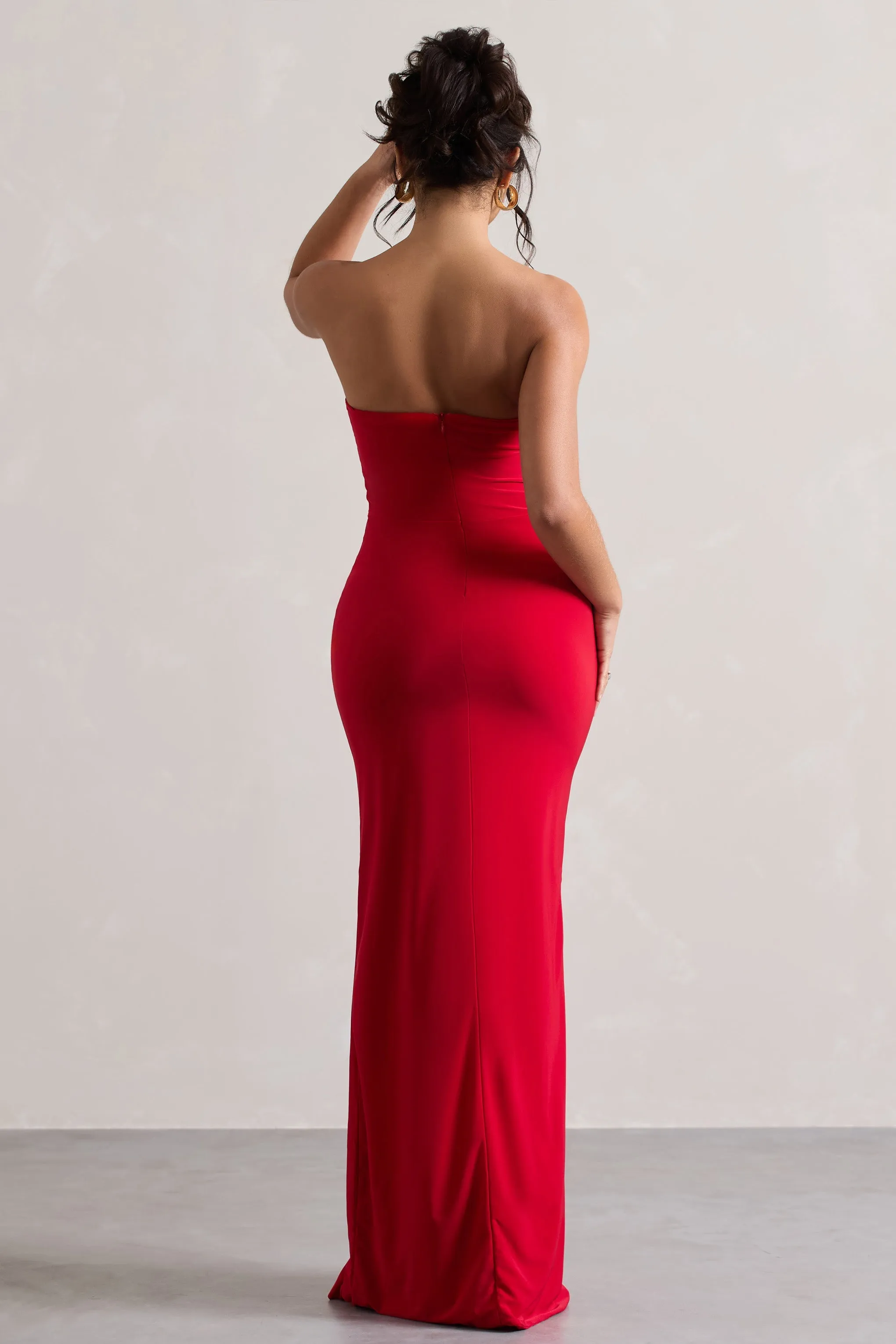 Susan | Red Bandeau Maxi Dress With Ruffled Splits