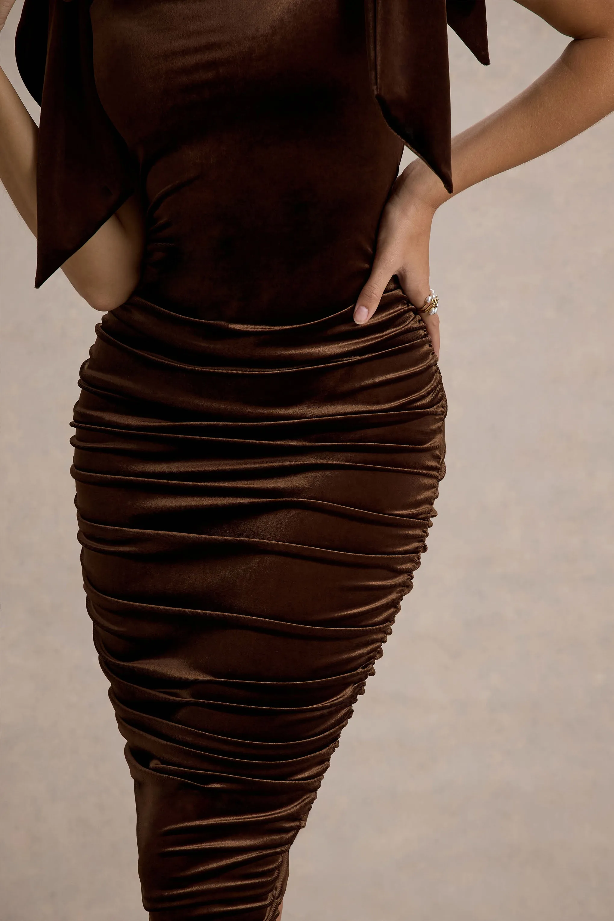 Tarna | Brown Velvet Midi Dress With Bow Straps