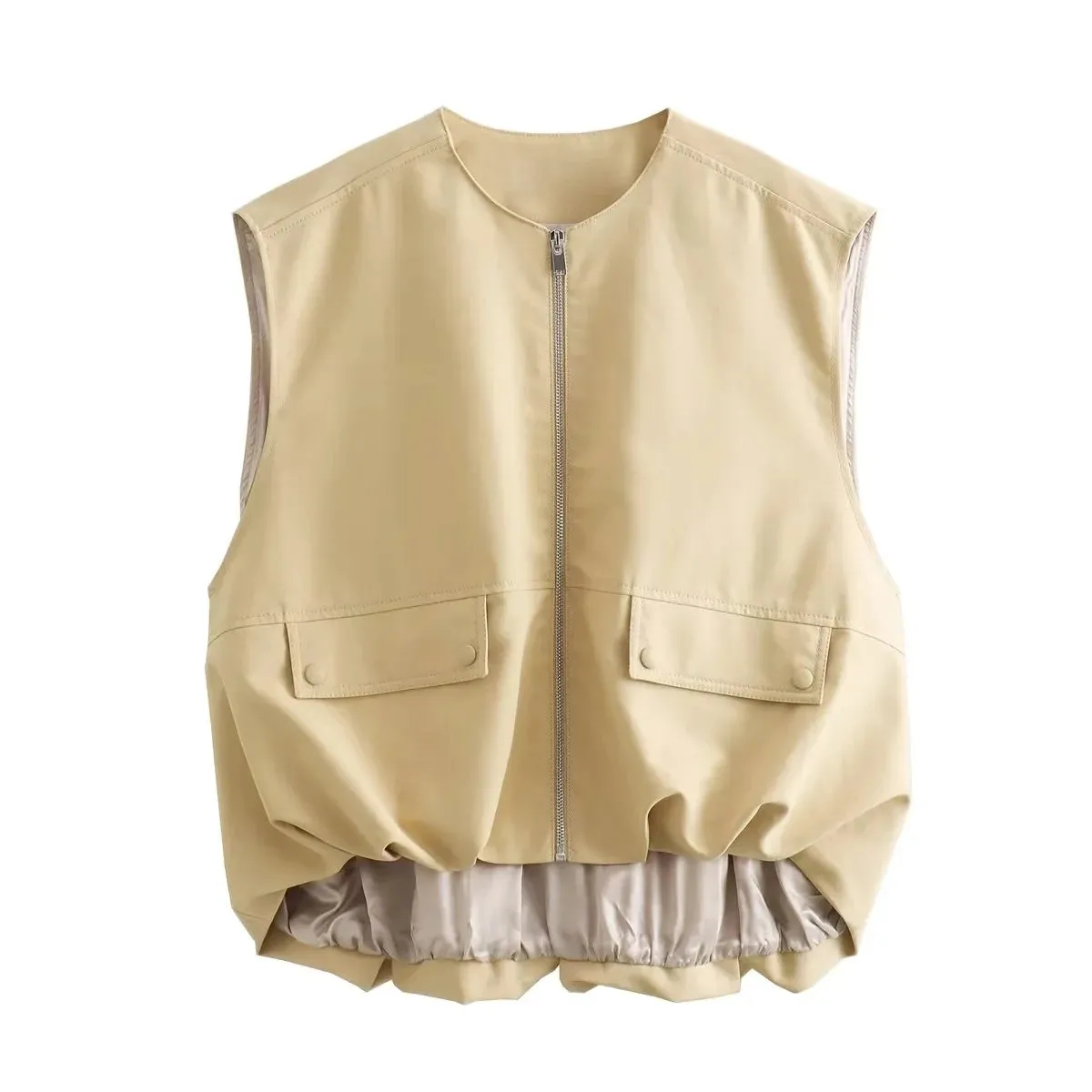 TAVIMART  -  Padded Beige Waistcoat Folds Winter Sleeveless Vest Coat Turtleneck Pockets Zipper Autumn Thick Warm Parka Jacket