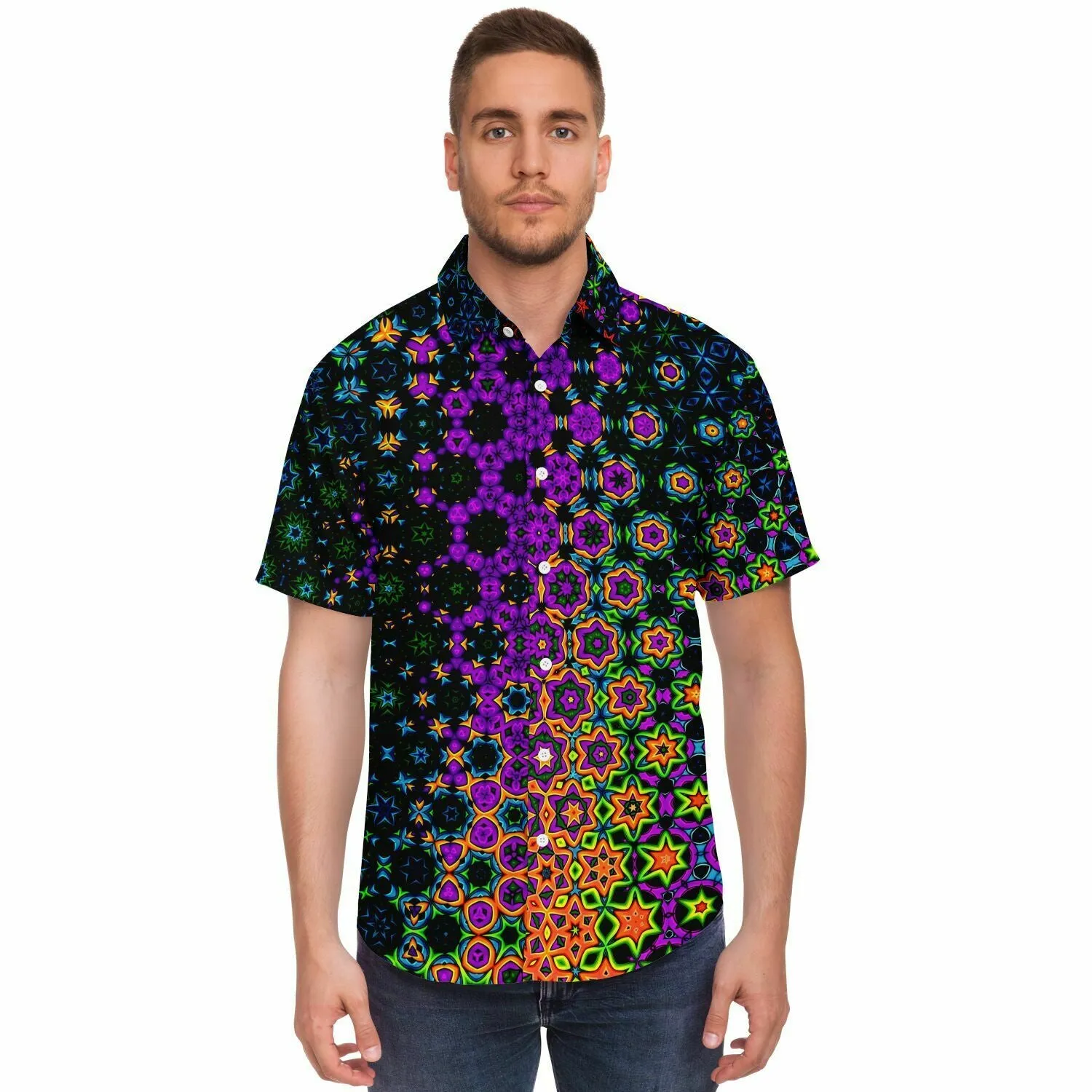 Trippy Vibes Short Sleeve Button Down Shirt - Cameron Gray