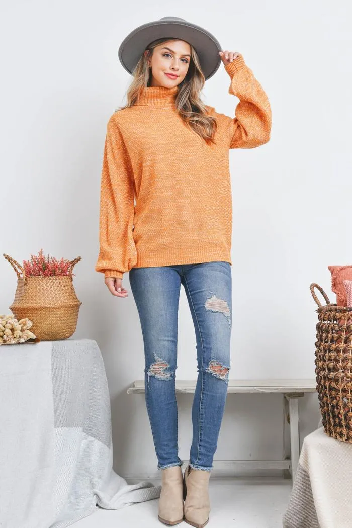 Turtleneck Melange Balloon Sleeve Sweater