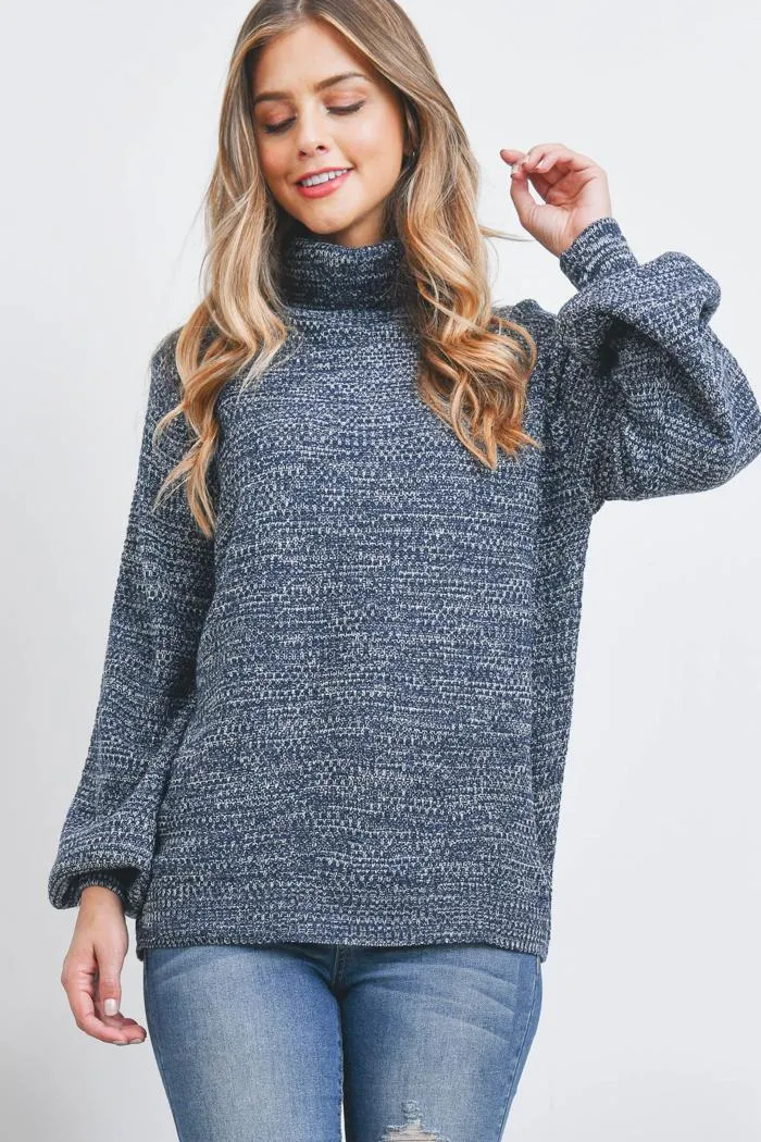 Turtleneck Melange Balloon Sleeve Sweater