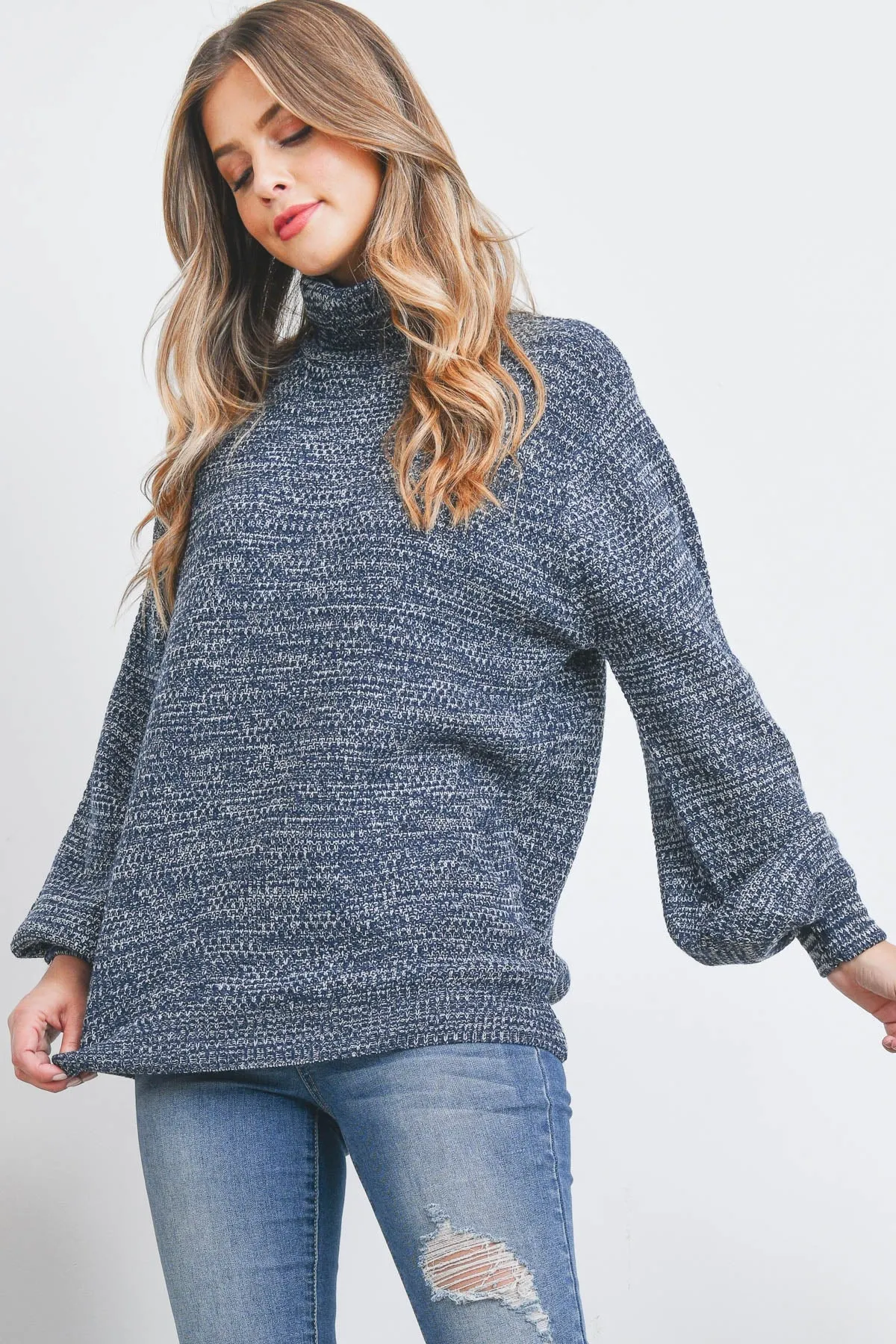 Turtleneck Melange Balloon Sleeve Sweater