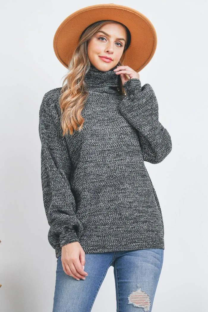 Turtleneck Melange Balloon Sleeve Sweater