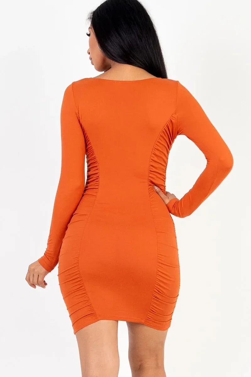 U-neck long sleeve ruched bodycon mini dress