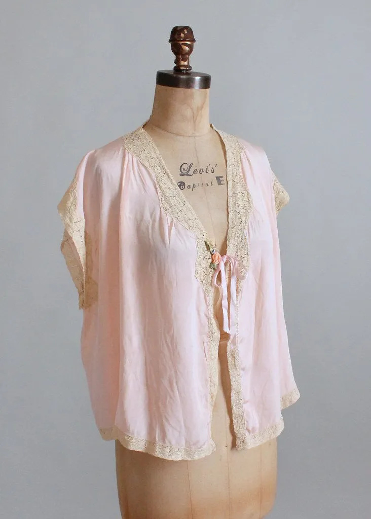 Vintage 1920s Pink Silk and Lace Bed Jacket