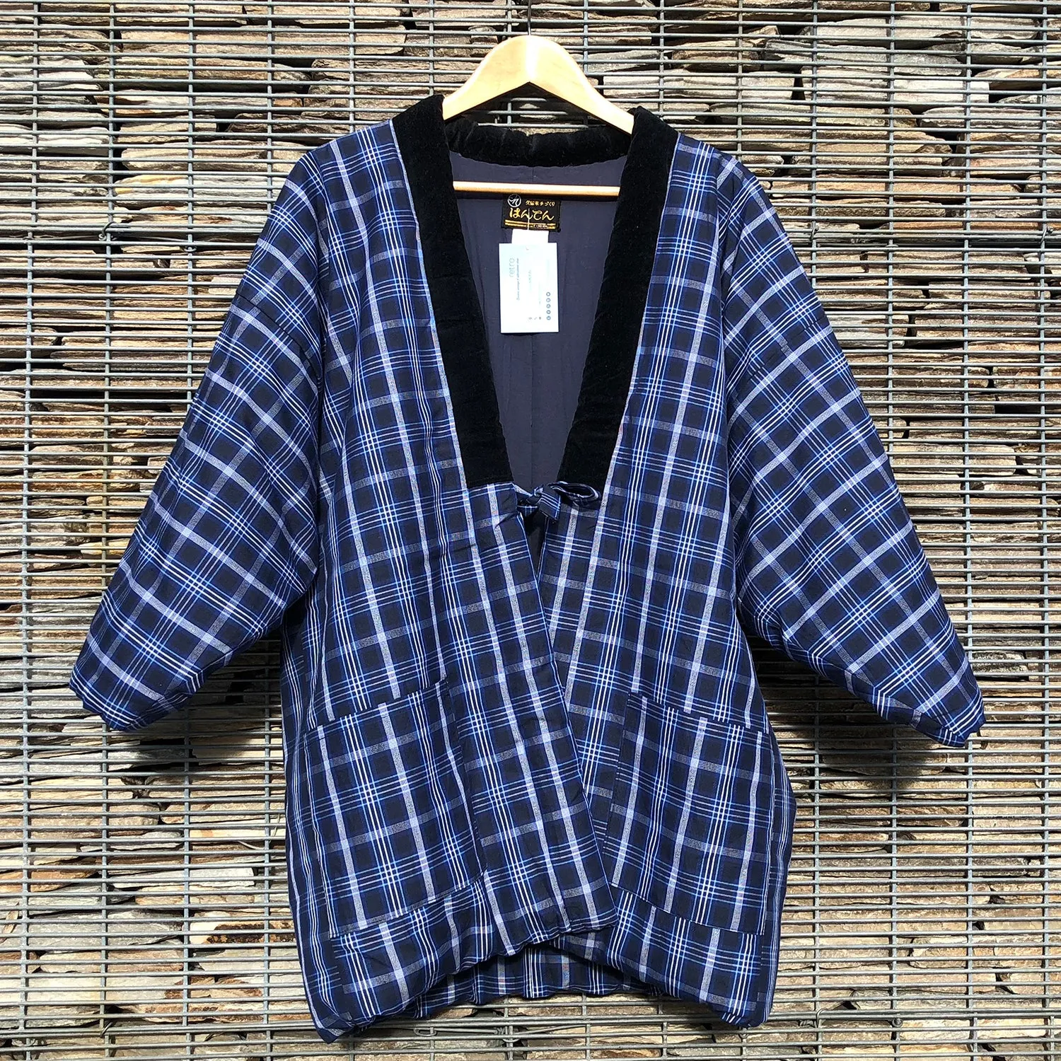 Vintage Kimono Hanten Blue Plaid Check Padded Quilted Kimono Jacket