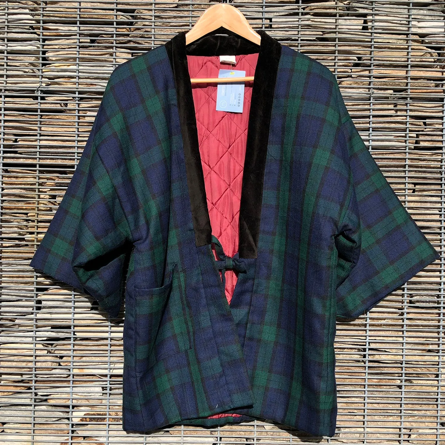 Vintage Kimono Hanten Green Plaid Tartan Padded Quilted Kimono Jacket