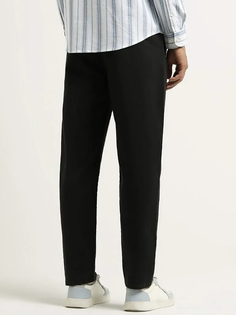 WES Casuals Black Mid Rise Cotton Blend Relaxed Fit Trousers