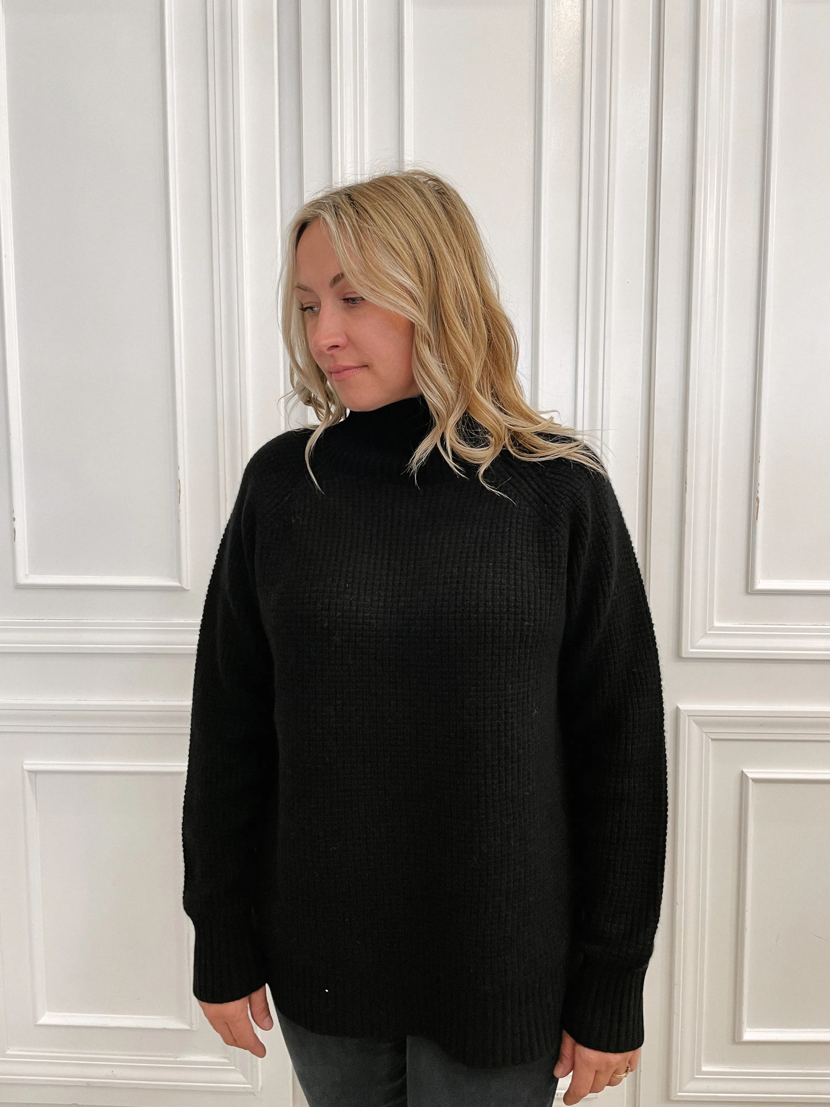 White   Warren - Cashmere Waffle Standneck in Black