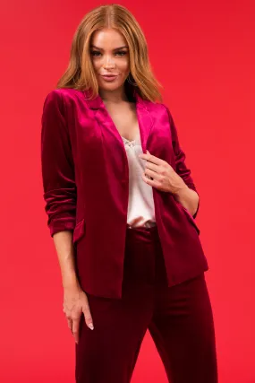 Wine Velvet Ruched 3/4 Sleeve Collared Blazer