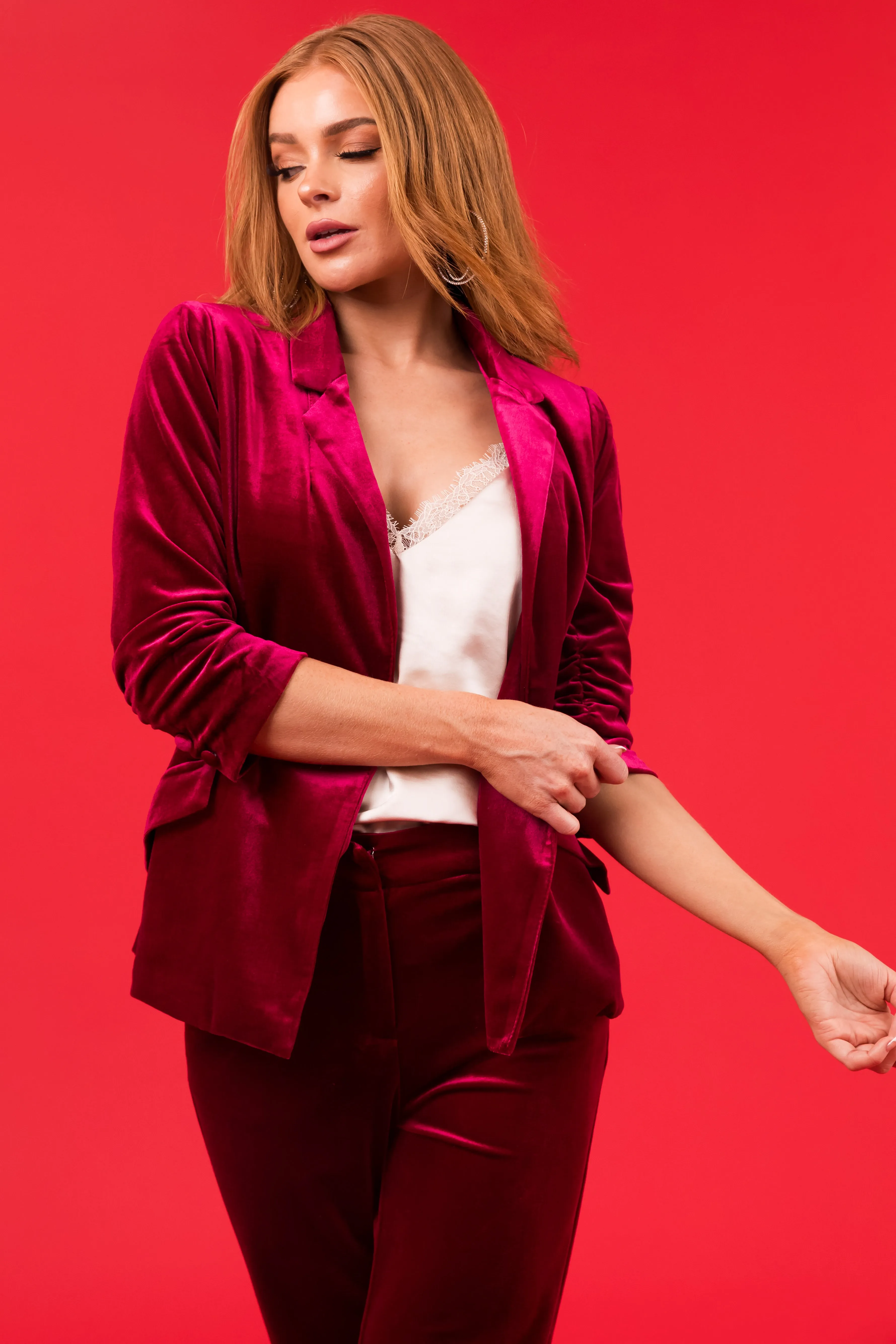 Wine Velvet Ruched 3/4 Sleeve Collared Blazer