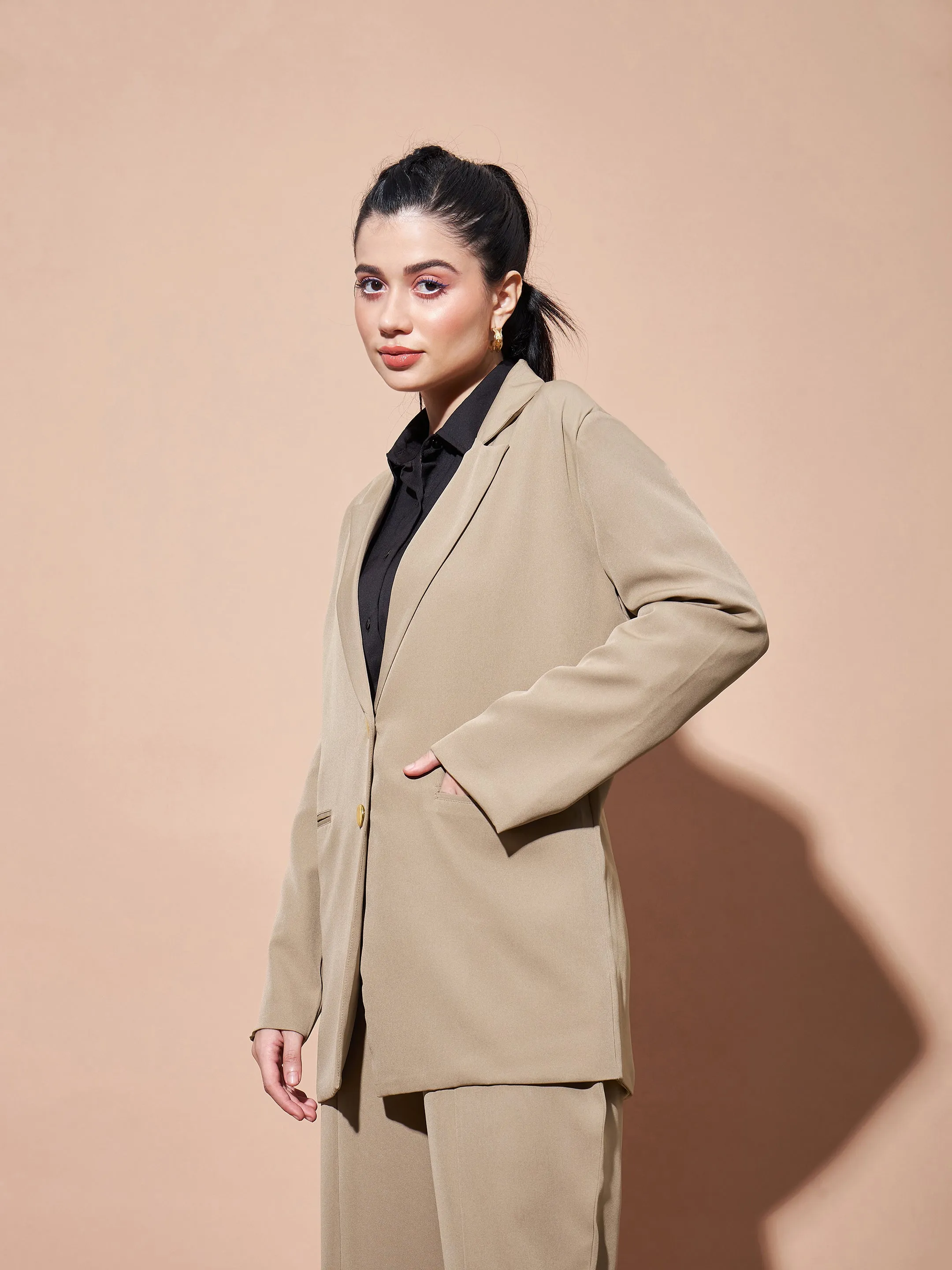 Women Beige Notch Collar Front Open Blazer