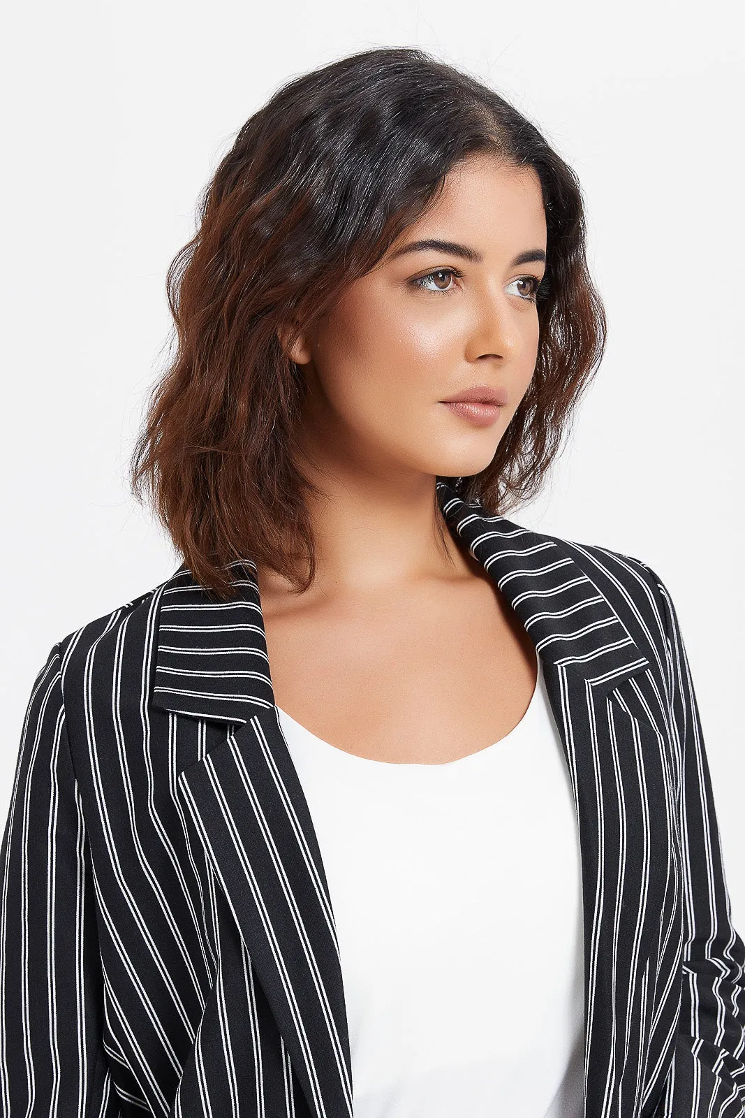 Women Black Stripes Roll-Up Sleeve Blazer