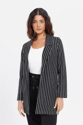 Women Black Stripes Roll-Up Sleeve Blazer