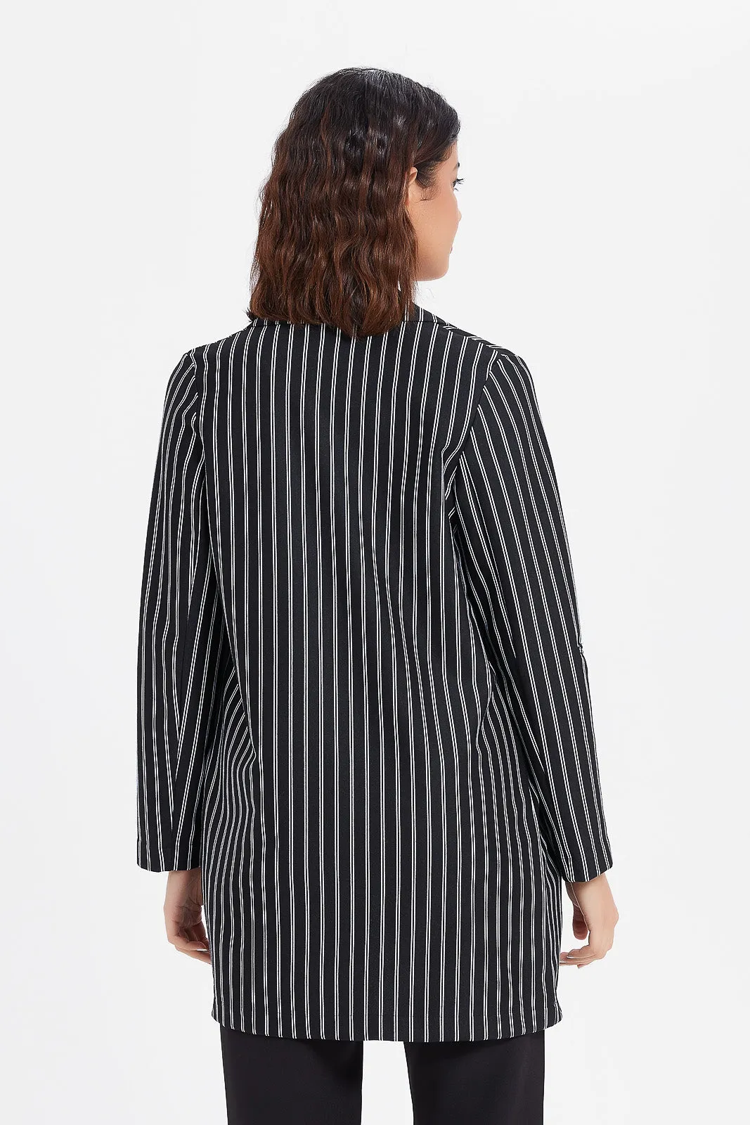 Women Black Stripes Roll-Up Sleeve Blazer