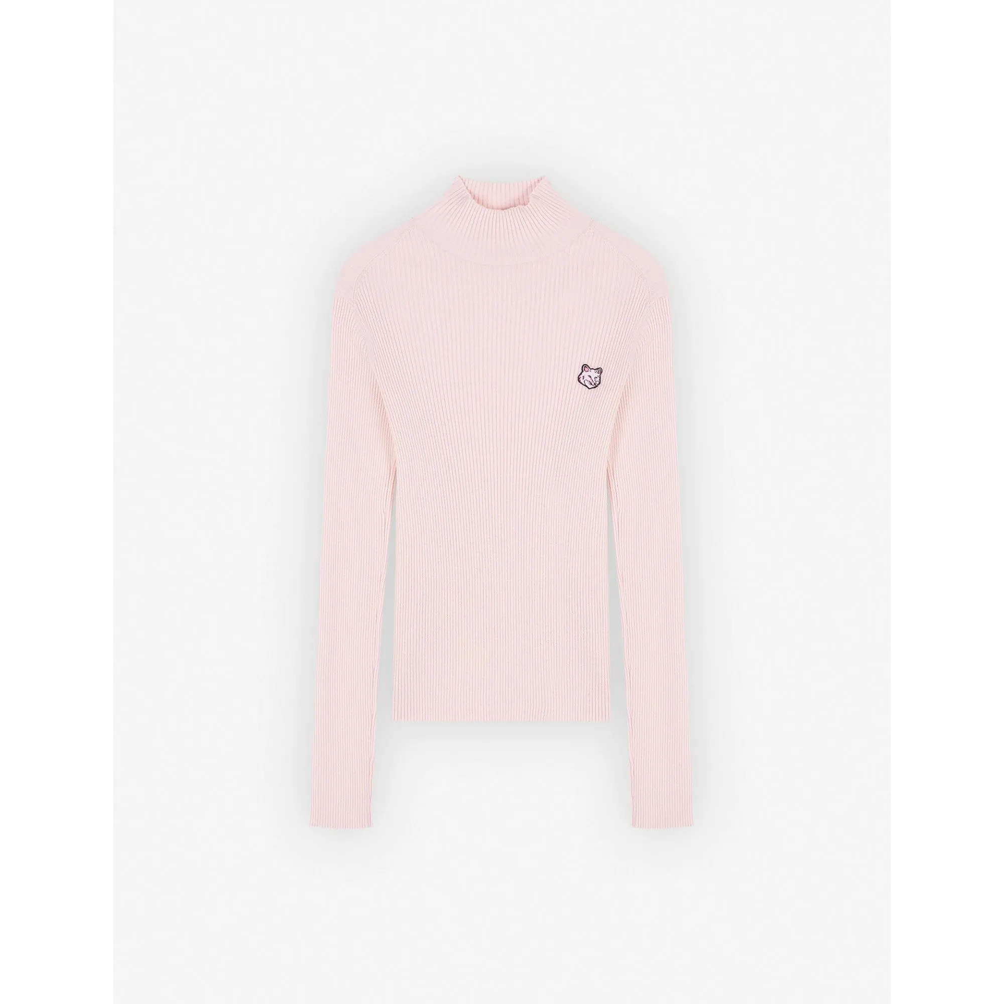 Women Bold Fox Head Patch Fine Ribbed Turtleneck - Pale Pink