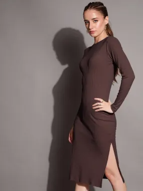 Women Brown Ribbed Side Slit Bodycon Dress