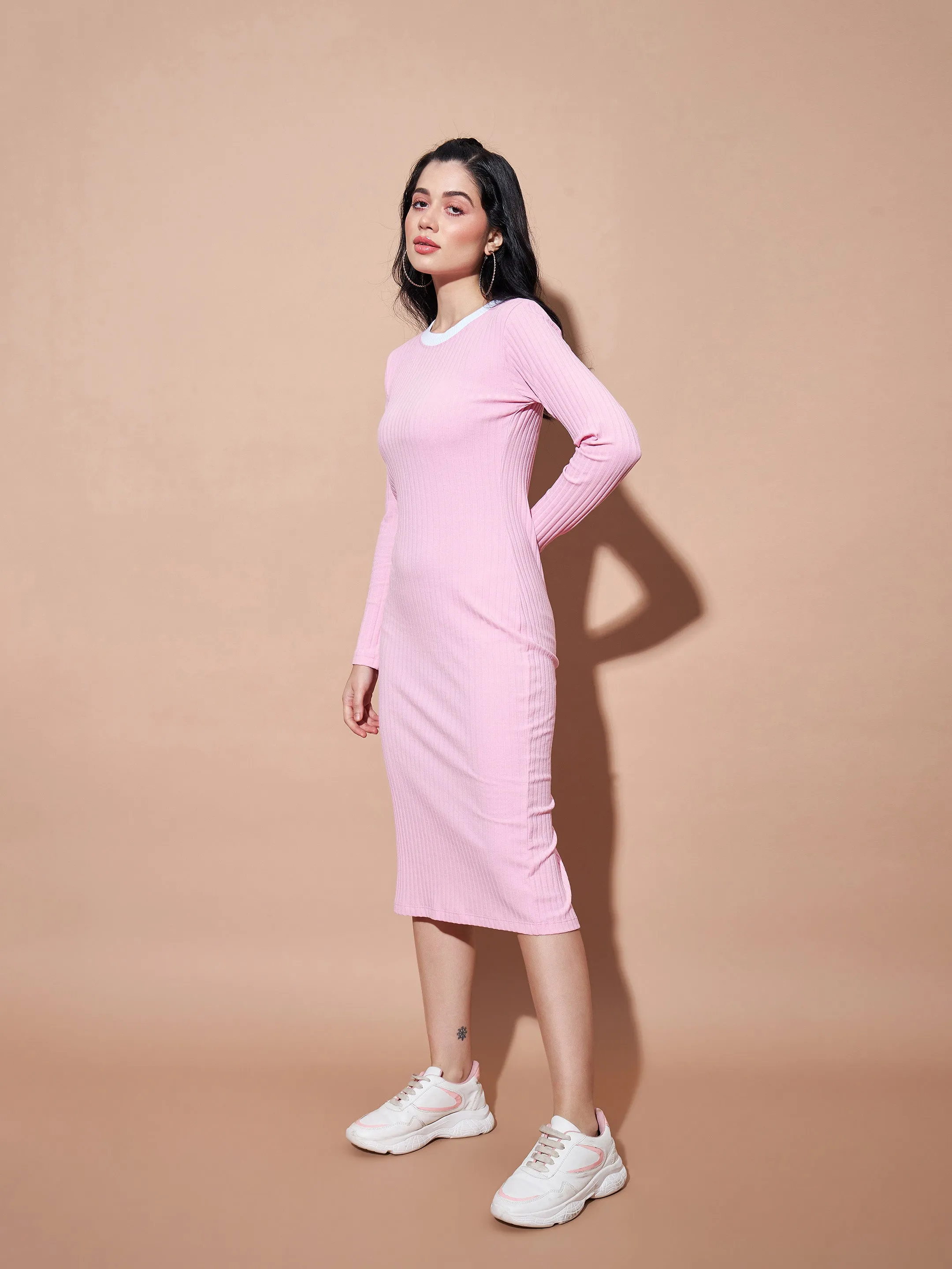 Women Pink Contrast Rib Bodycon Rib Dress