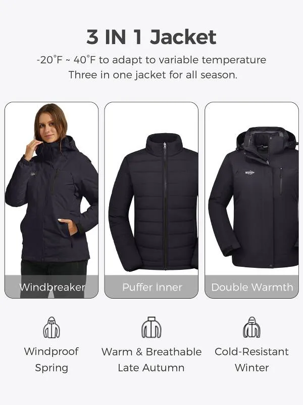 Women's 3-in-1 Ski Jacket Waterproof Snowboard Jacket Winter Coat Alpine I