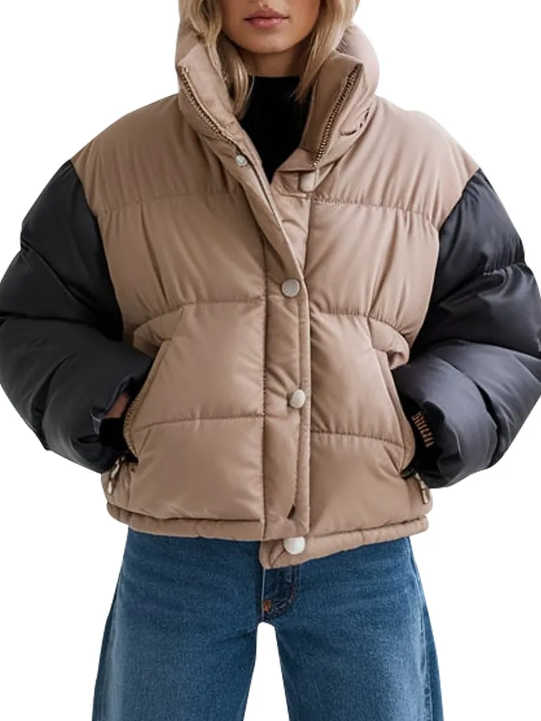 Women's Beige And Black Contrast Puffer Jacket