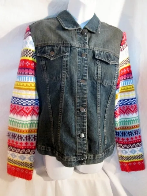 Womens Girls 1980s RUBBER DOLL Denim Jean Biker Jacket RAINBOW KNIT Sweater XL Boho