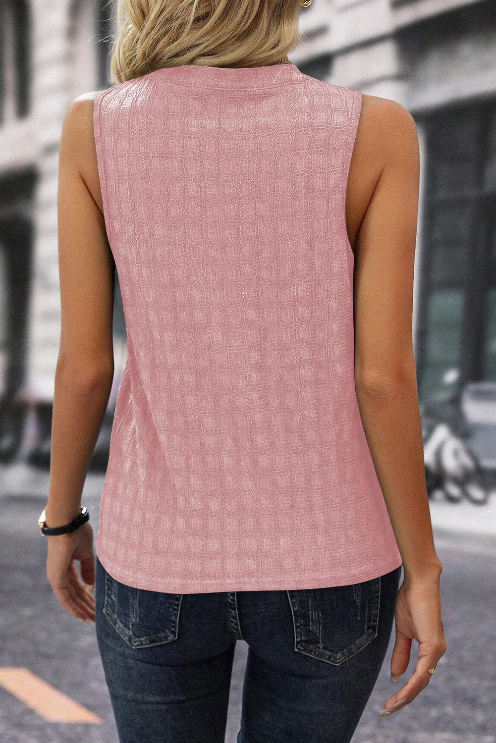 Women's Lattice Textured Split Neck Tank Top Pleated Sleeveless Blouse