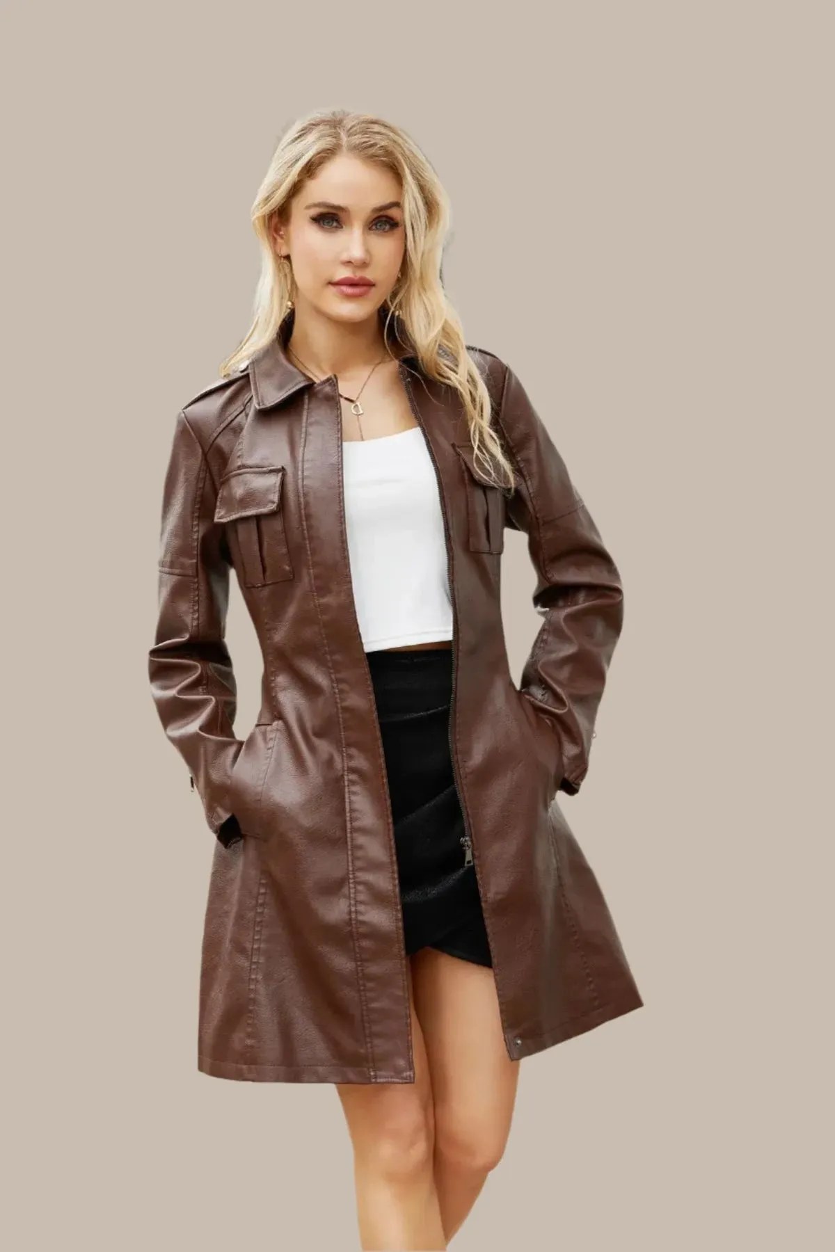 Women's Mid-length Leather Coat