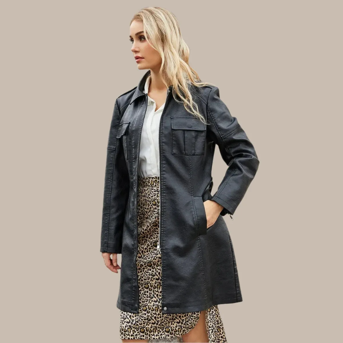 Women's Mid-length Leather Coat