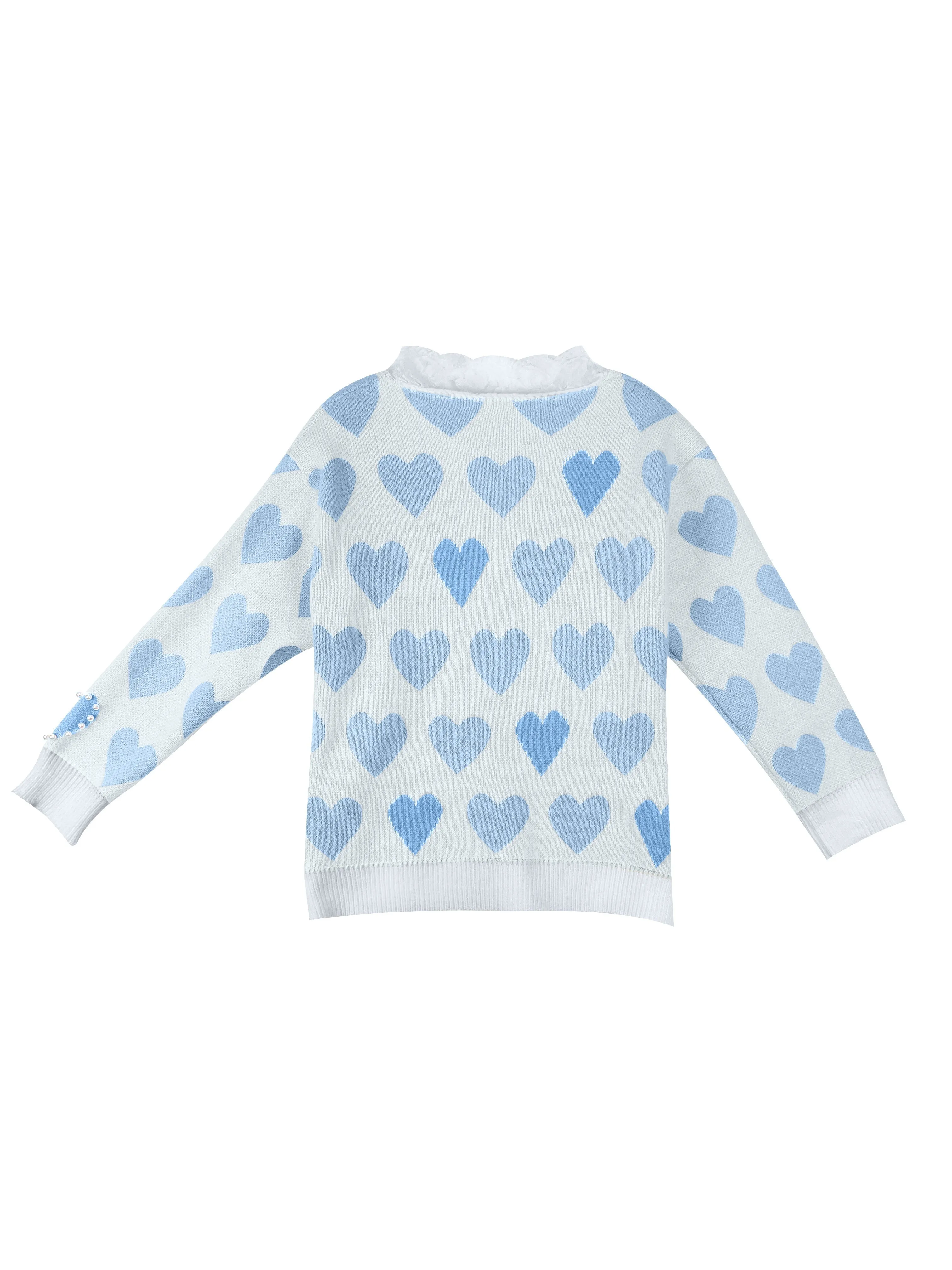 Women's Plus Heart Print Faux Pearl Decor Contrast Lace V-Neck Sweater - Effortless Charm for Every Curve