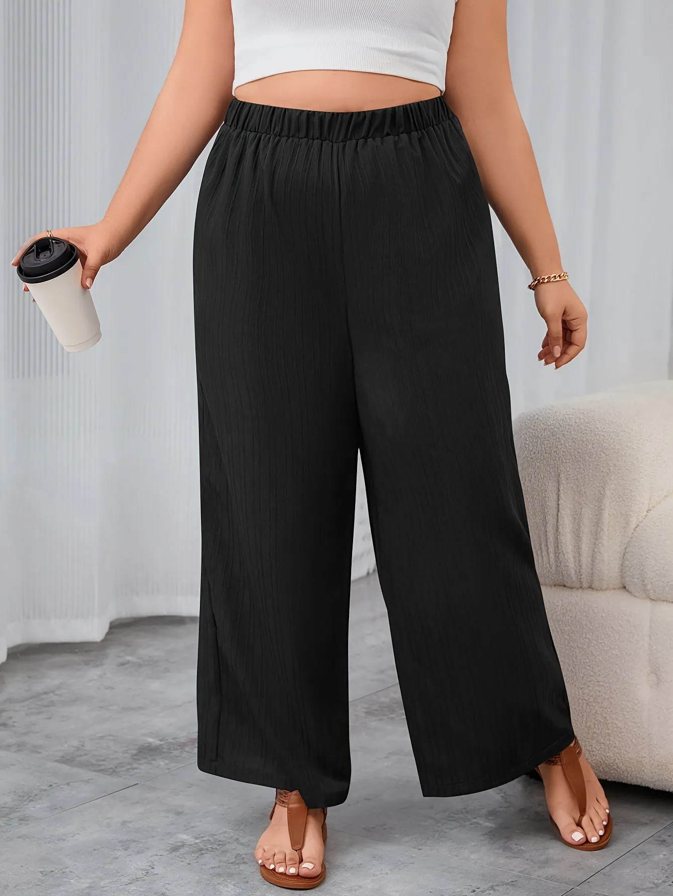 Women's Plus Solid Ribbed Elastic High Rise Wide Leg Trousers - Comfort and Sophistication Combined