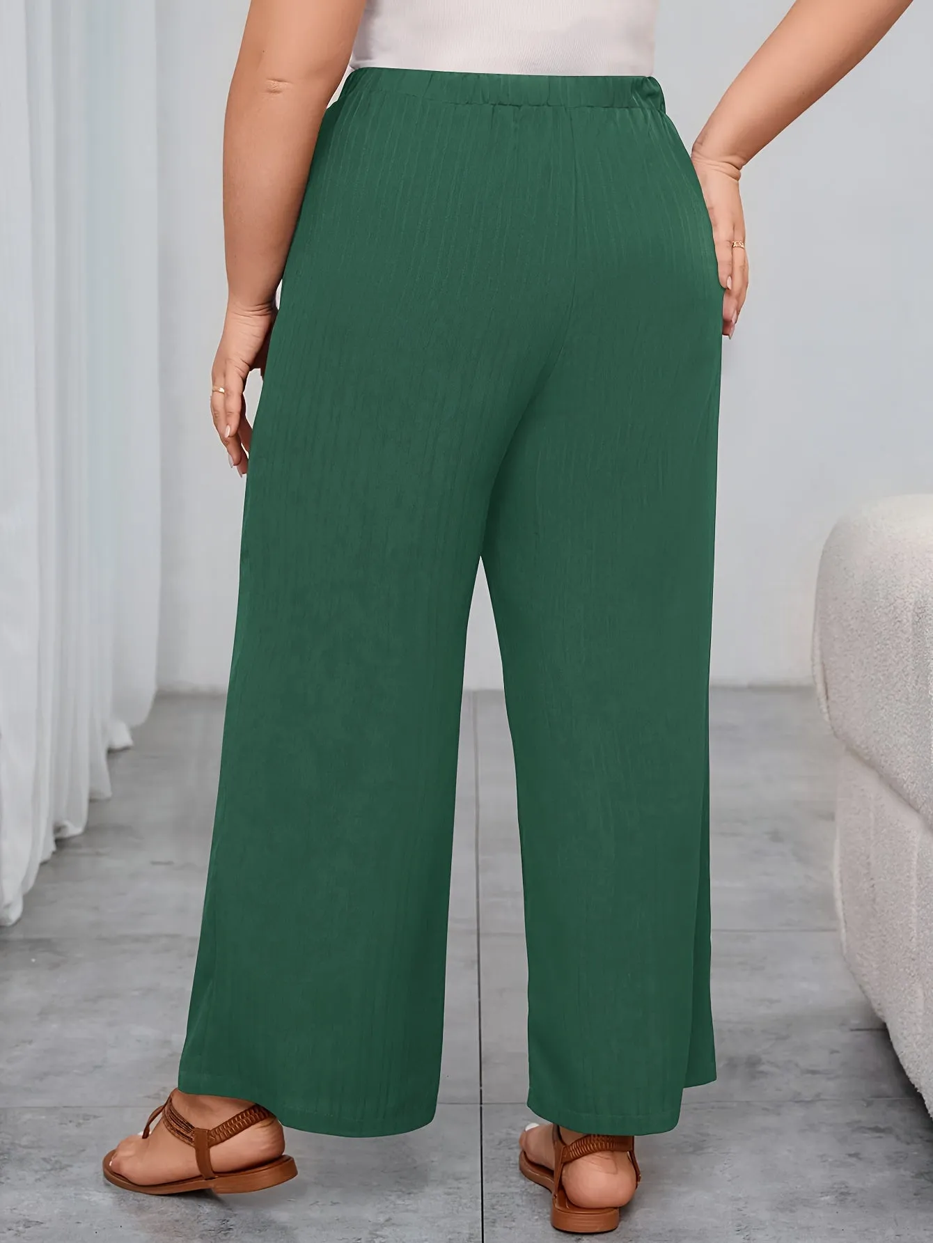 Women's Plus Solid Ribbed Elastic High Rise Wide Leg Trousers - Comfort and Sophistication Combined