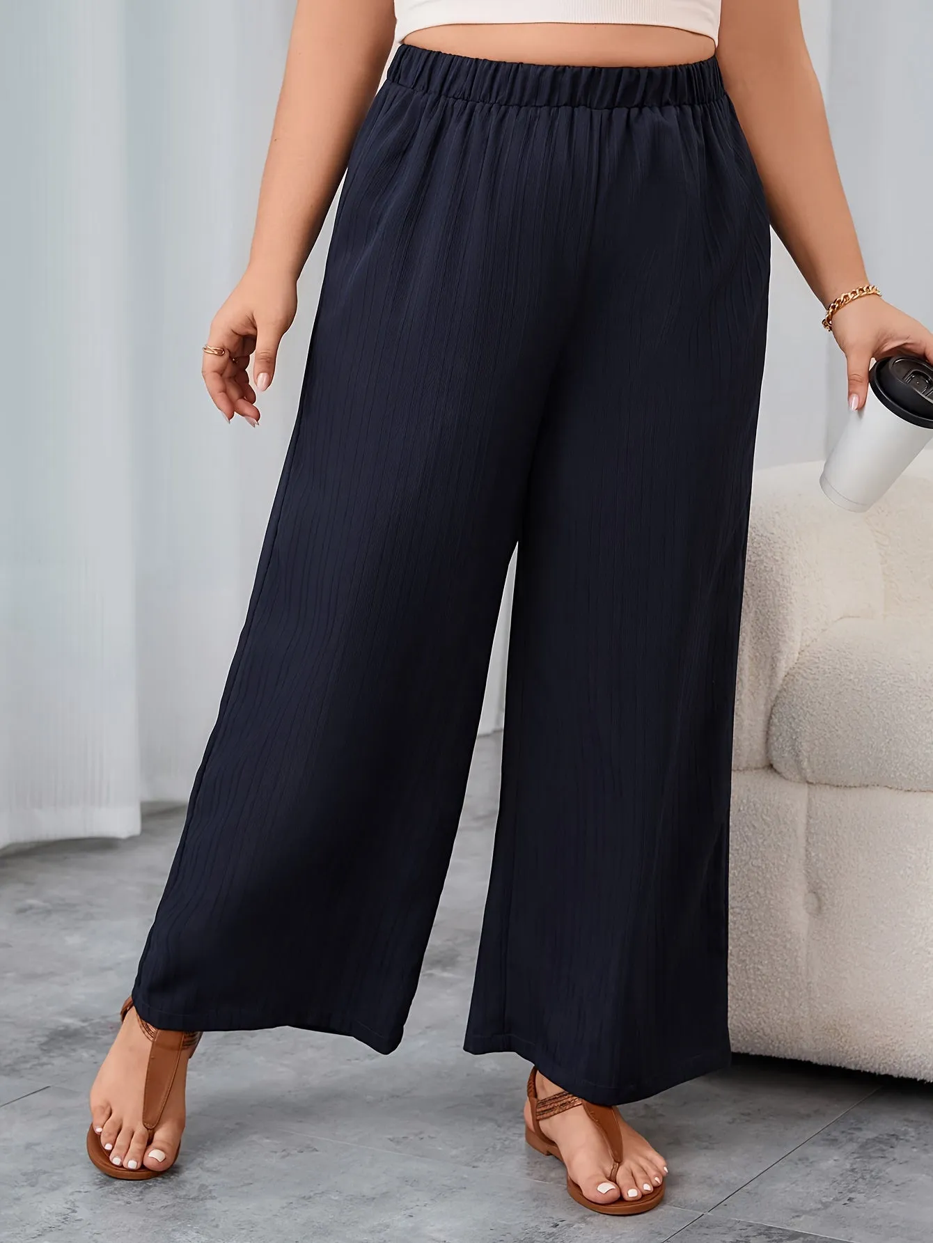 Women's Plus Solid Ribbed Elastic High Rise Wide Leg Trousers - Comfort and Sophistication Combined