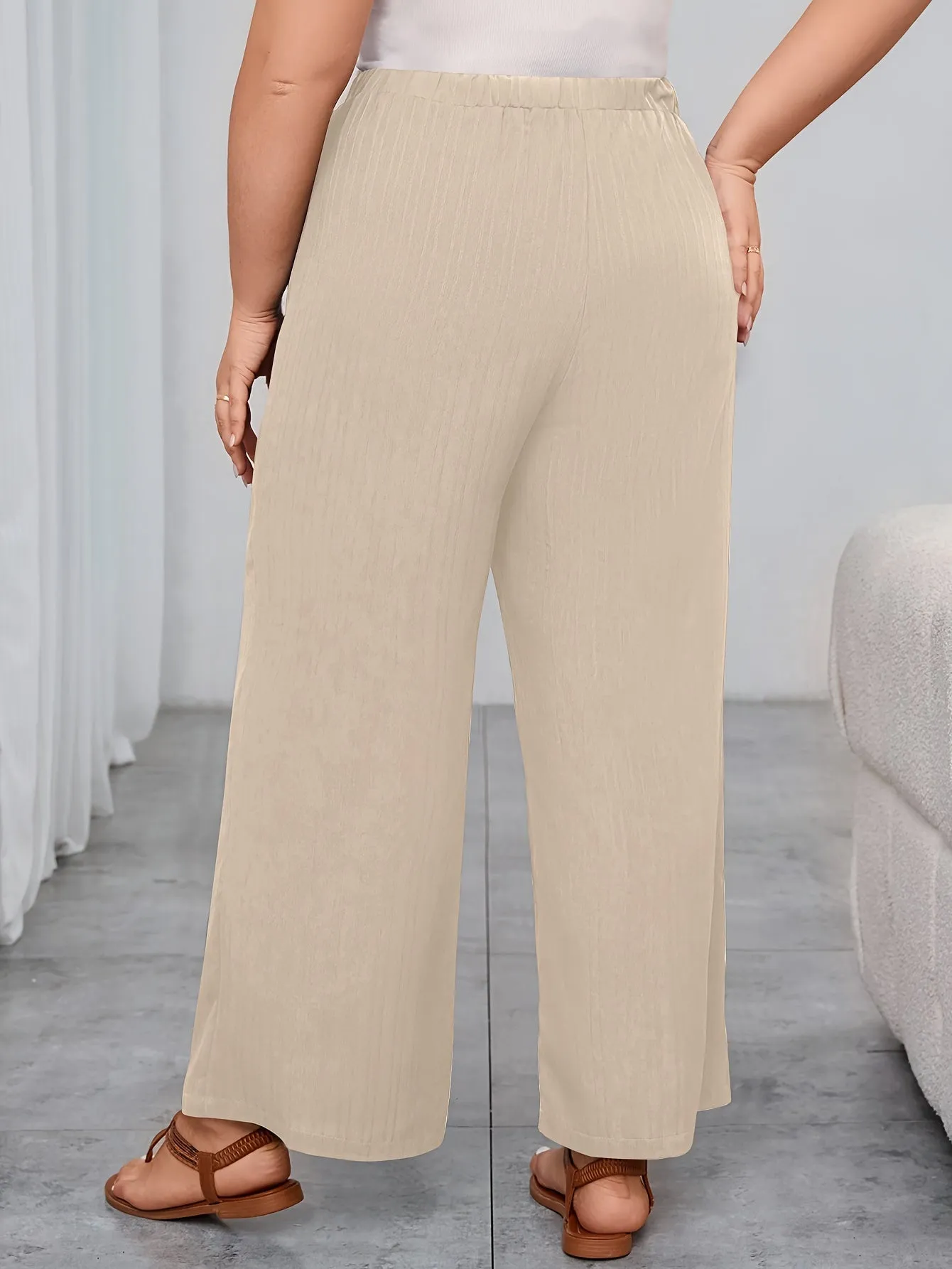 Women's Plus Solid Ribbed Elastic High Rise Wide Leg Trousers - Comfort and Sophistication Combined