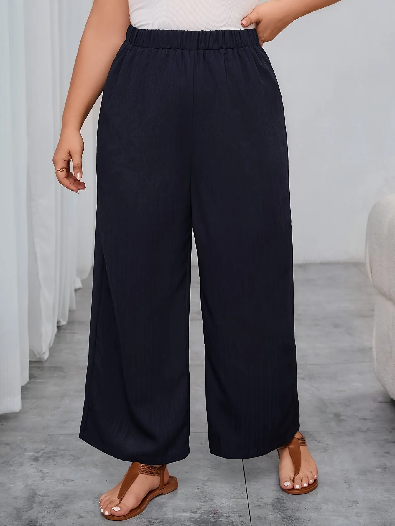 Women's Plus Solid Ribbed Elastic High Rise Wide Leg Trousers - Comfort and Sophistication Combined