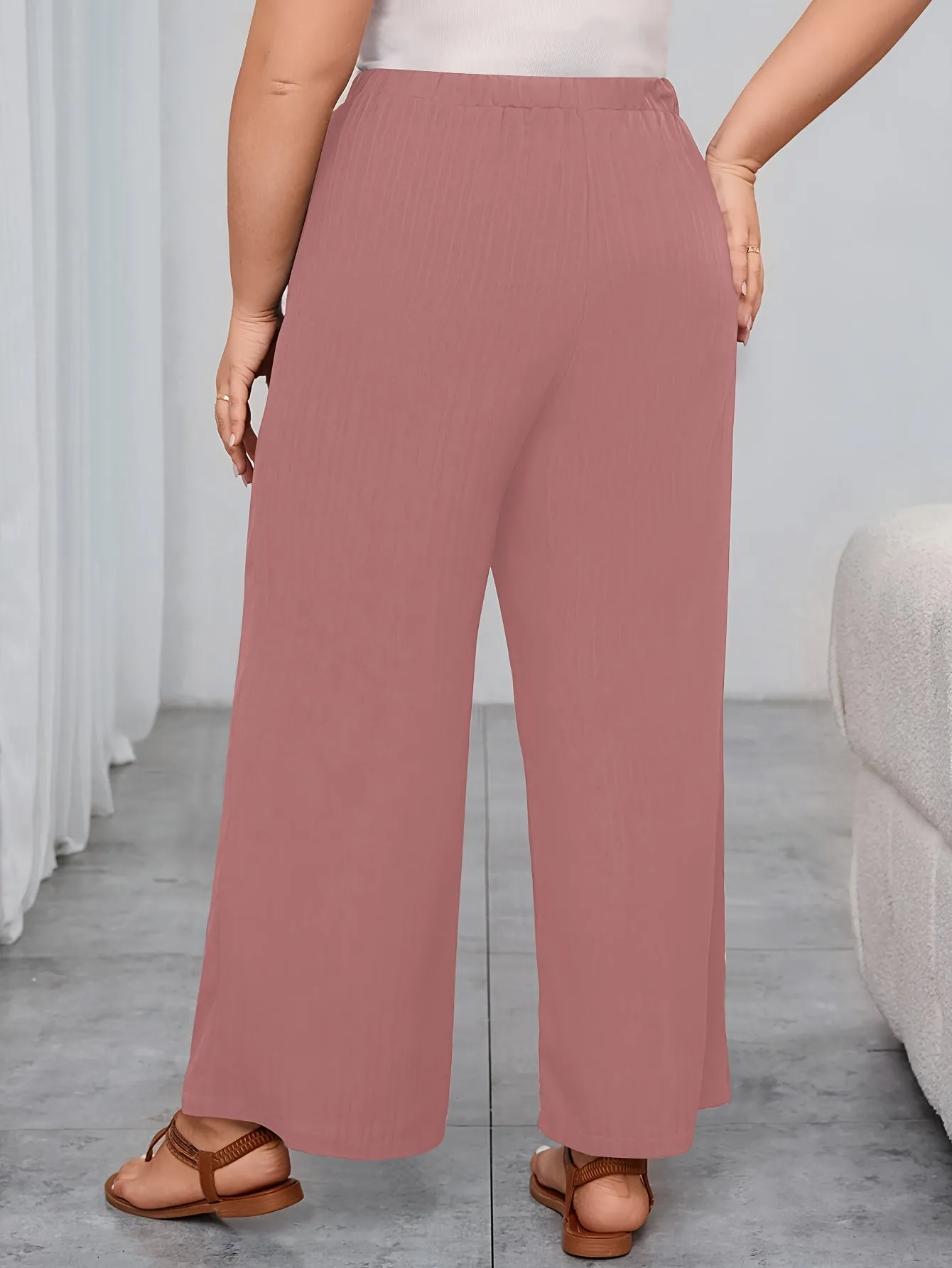 Women's Plus Solid Ribbed Elastic High Rise Wide Leg Trousers - Comfort and Sophistication Combined