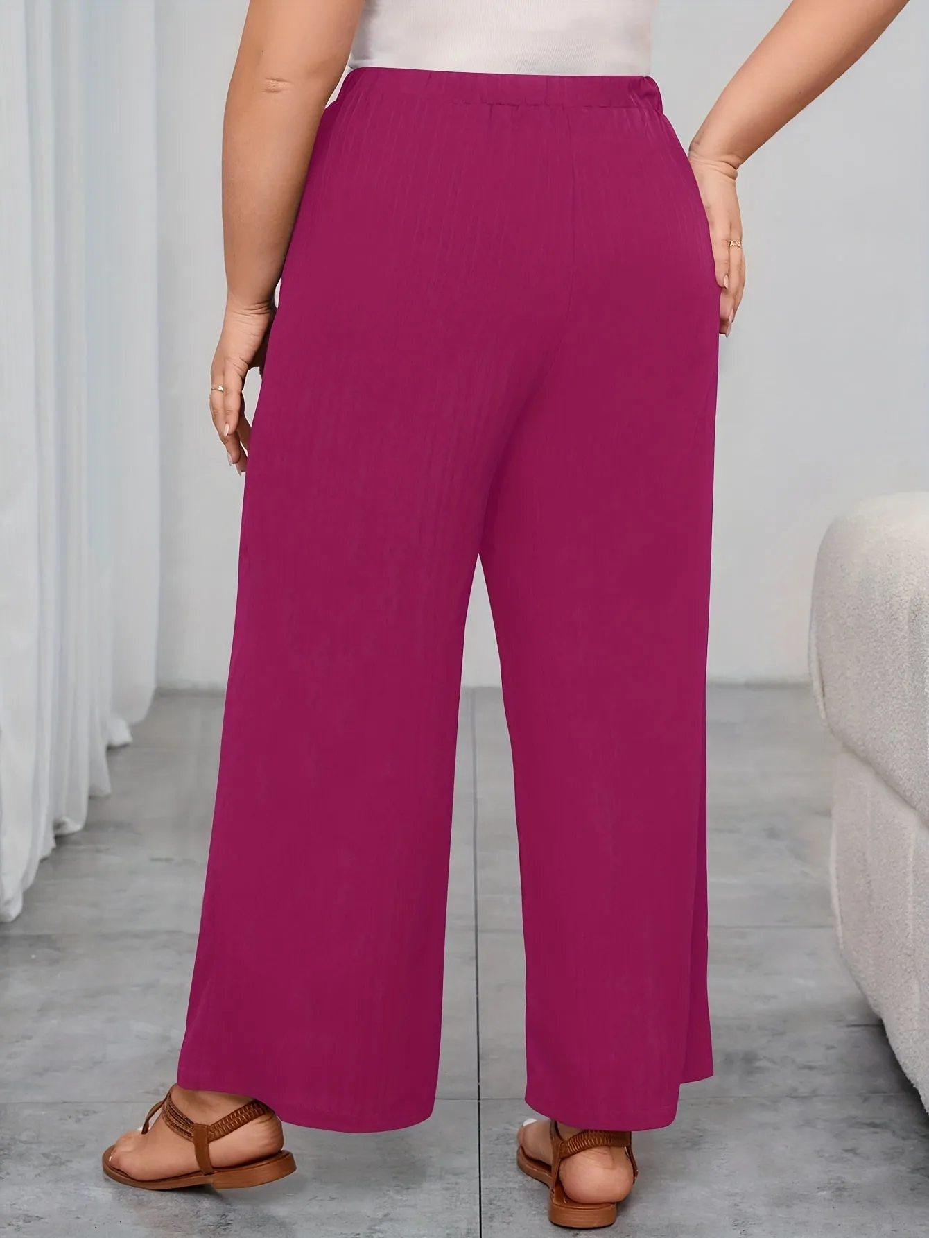 Women's Plus Solid Ribbed Elastic High Rise Wide Leg Trousers - Comfort and Sophistication Combined